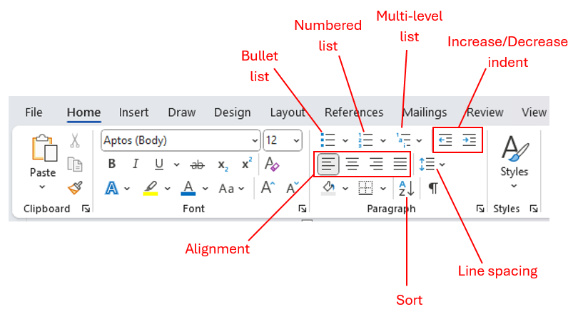 Home Paragraph tools on ribbon in Word